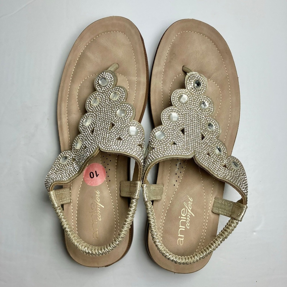 Annie Comfort Gold Slingback Thong Sandals Rhinestone T-strap Women Sz 10 NEW